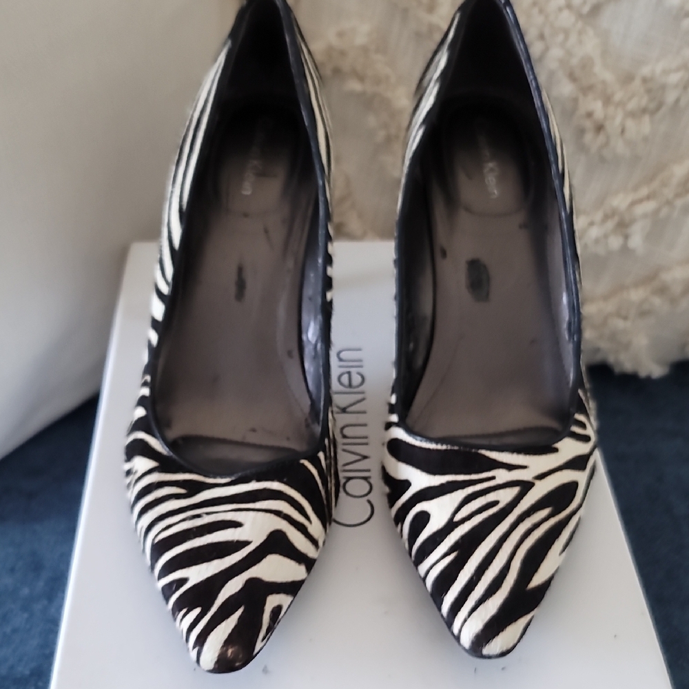 Calvin Klein Black and White Zebra Print Pony Hair Heels in 7M